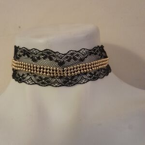 Unbranded  - Black Lace Choker With Gold Beads- 15" W / Lobster Closure